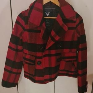 American eagle xs red/white plaid pea coat